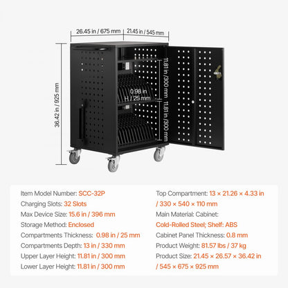 SCC-32P - Secure 32 Device Charging Cart with Wheels, Up to 15.6" Screens