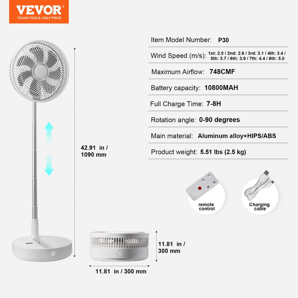 P30 - Portable 12-Inch Oscillating Fan with Remote & Adjustable Height