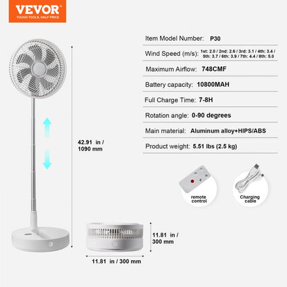 P30 - Portable 12-Inch Oscillating Fan with Remote & Adjustable Height