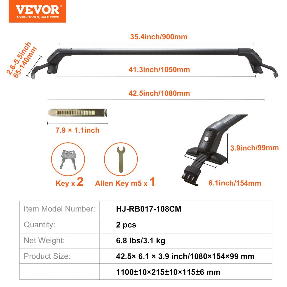 HJ-RB017-108CM - 41.3" Durable Aluminum Roof Crossbars for Easy Vehicle Use