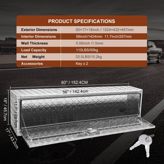 UTTB-601718 - Durable 60" Aluminum Truck Box, Holds Up to 110 lbs