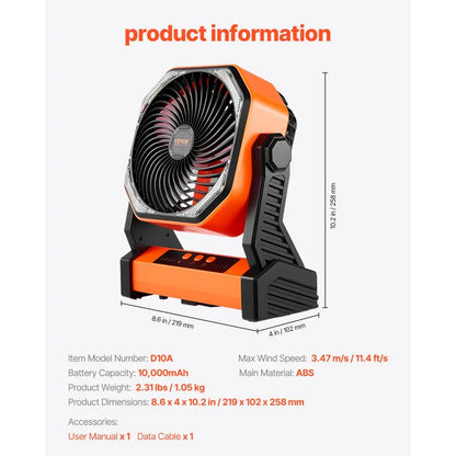 D10A - Quiet 8-Inch Rechargeable Fan with 4 Speed Levels