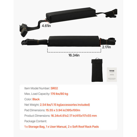 SR02 - 15.5in Soft Roof Rack Pads for Kayaks & Canoes, 176lbs Capacity