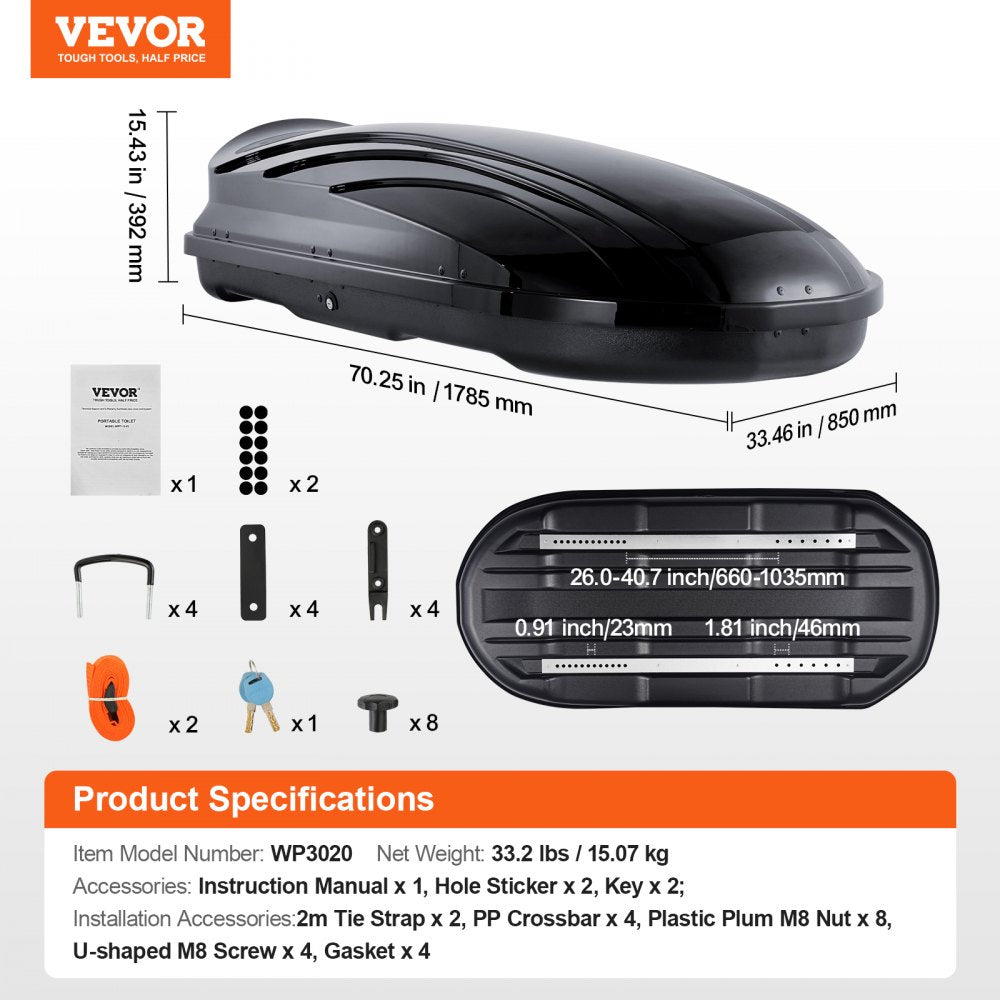 WP3020 - 165 lbs Capacity ABS Rooftop Cargo Box for SUVs and Cars
