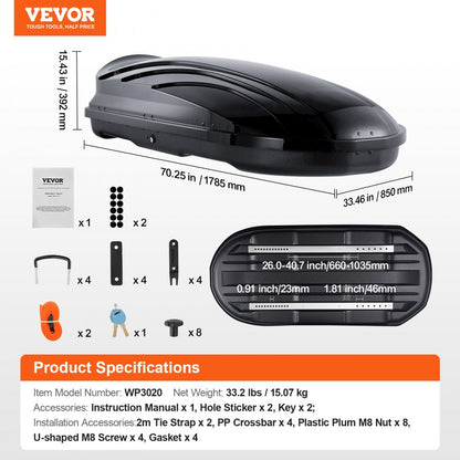 WP3020 - 165 lbs Capacity ABS Rooftop Cargo Box for SUVs and Cars