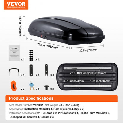 WP3001 - 165 lbs Rooftop Cargo Box - Durable ABS for SUV Travel