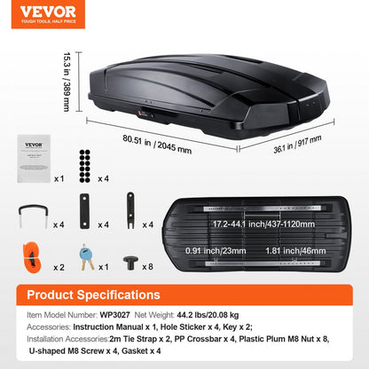 WP3027 - Durable 18 Cu Ft ABS Rooftop Cargo Box for SUVs & Cars