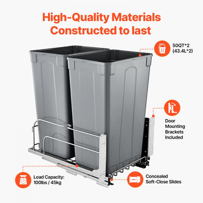 BB-LM50L02 - 50QT Double Pull-Out Kitchen Trash Can with Soft-Close Mechanism