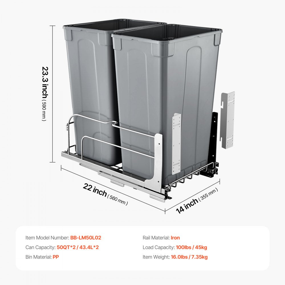 BB-LM50L02 - 50QT Double Pull-Out Kitchen Trash Can with Soft-Close Mechanism