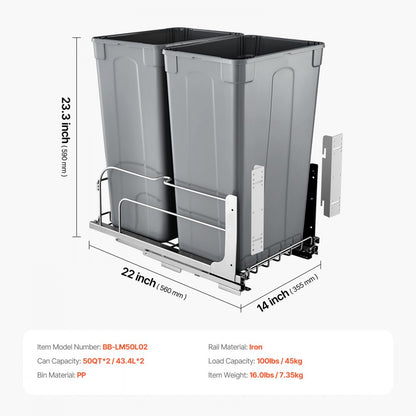 BB-LM50L02 - 50QT Double Pull-Out Kitchen Trash Can with Soft-Close Mechanism