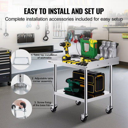 SKT710*610J - 24x28 Inch Stainless Steel Work Table with Wheels for Easy Mobility