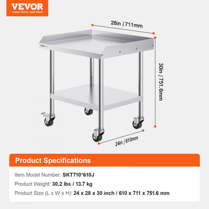 SKT710*610J - 24x28 Inch Stainless Steel Work Table with Wheels for Easy Mobility