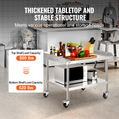 SKT910*760J - 30"x36" Stainless Steel Prep Table with Wheels & Backsplash