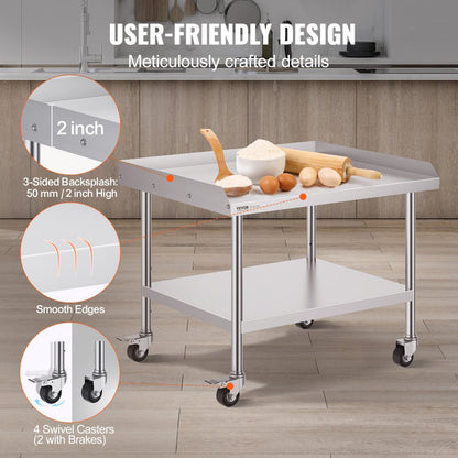 SKT910*760J - 30"x36" Stainless Steel Prep Table with Wheels & Backsplash
