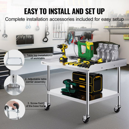 SKT910*760J - 30"x36" Stainless Steel Prep Table with Wheels & Backsplash