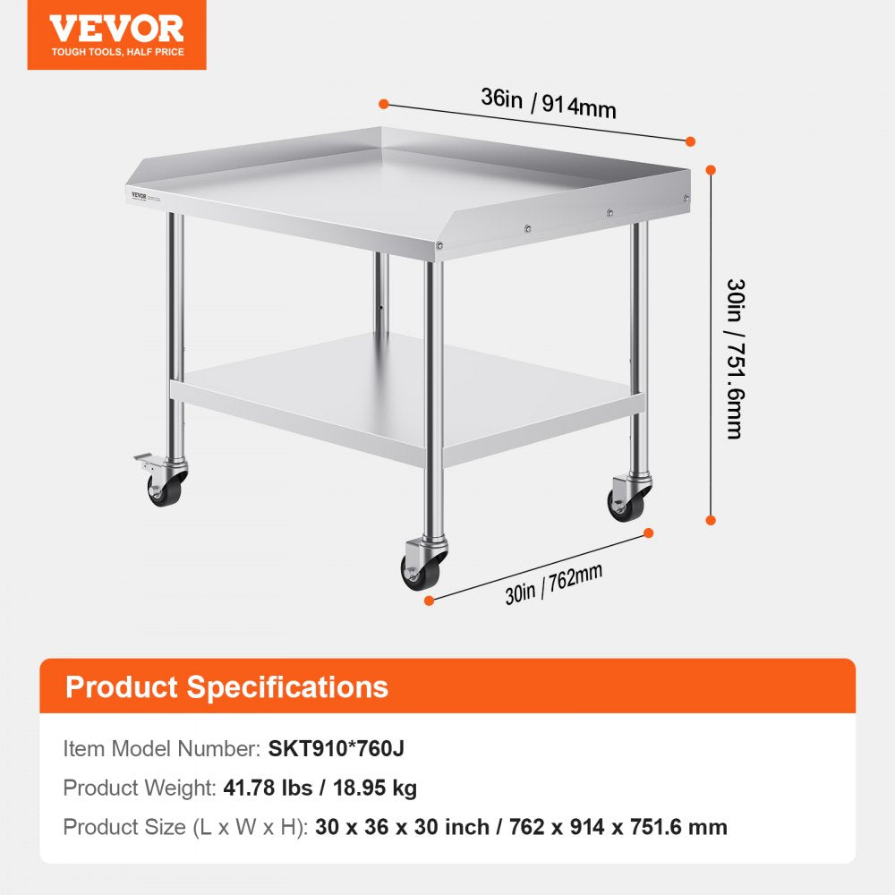 SKT910*760J - 30"x36" Stainless Steel Prep Table with Wheels & Backsplash