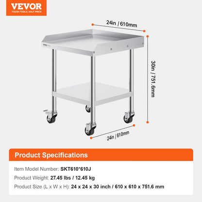 SKT610*610J - 24" Stainless Steel Work Table with Wheels for Food Prep