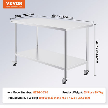 HETG-30*60 - Heavy Duty 30x60 Stainless Steel Work Table with Wheels