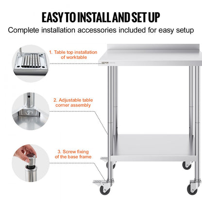 HETG-24*30-L - Durable 24"x30" Stainless Steel Prep Table with Casters