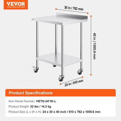 HETG-24*30-L - Durable 24"x30" Stainless Steel Prep Table with Casters