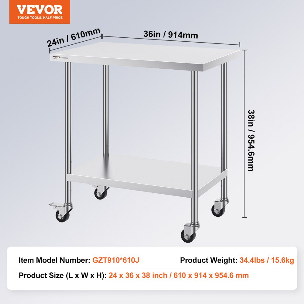 GZT910*610J - 24"x36" Heavy-Duty Stainless Steel Work Table with Wheels