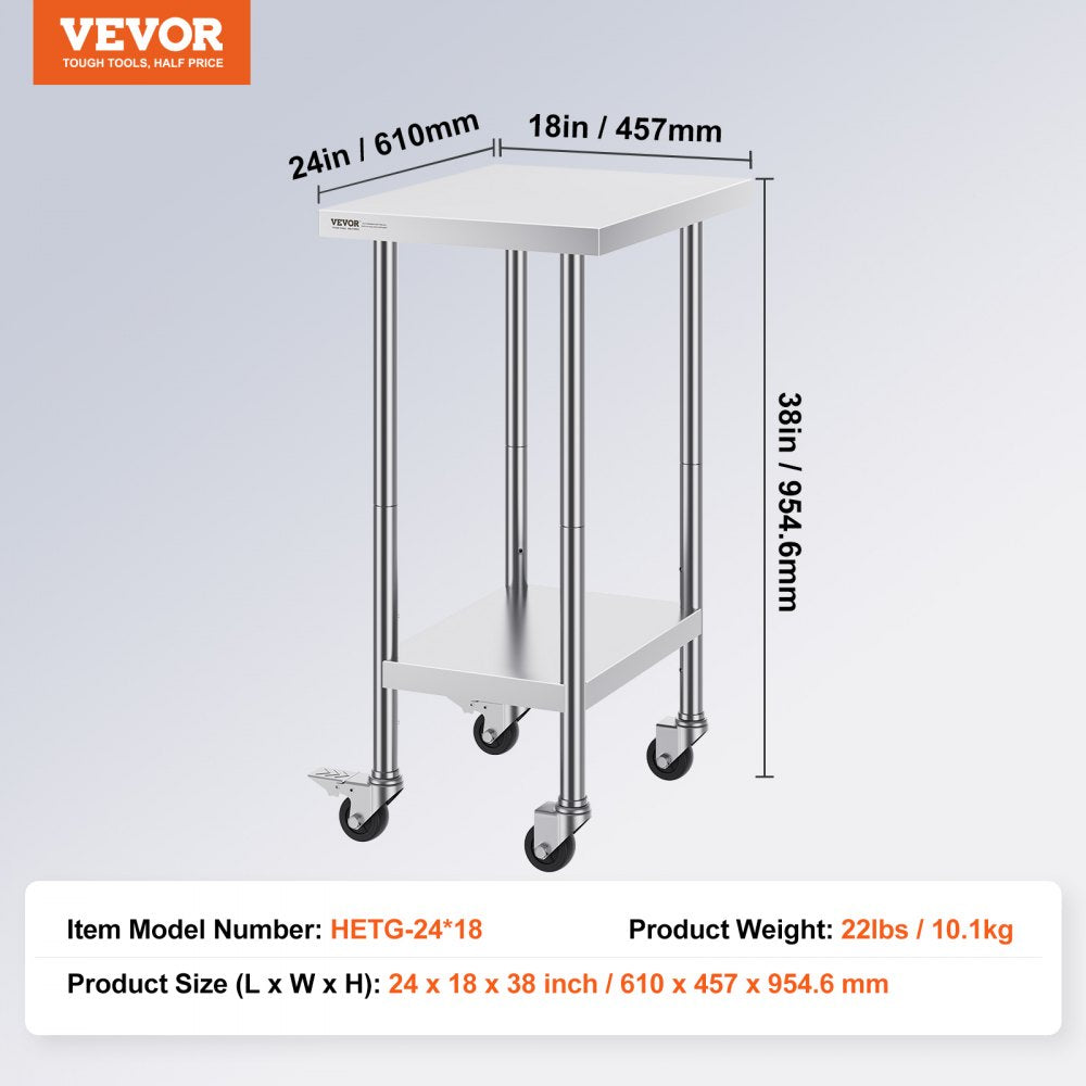 HETG-24*18 - 24" x 18" Adjustable Stainless Steel Work Table for Kitchens
