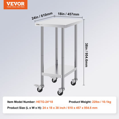 HETG-24*18 - 24" x 18" Adjustable Stainless Steel Work Table for Kitchens