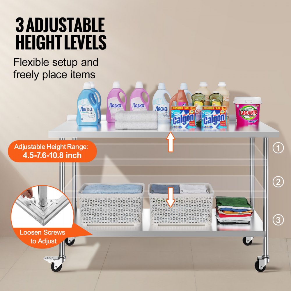 HETG-24*60-L - 24"x60" Adjustable Height Stainless Steel Work Table