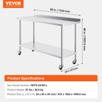 HETG-24*60-L - 24"x60" Adjustable Height Stainless Steel Work Table
