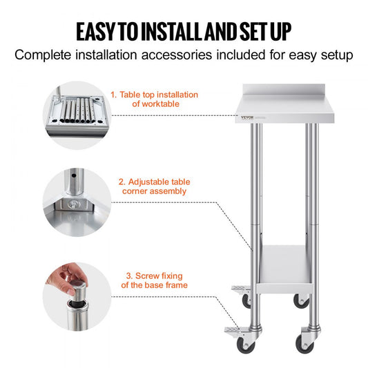 HETG-24*15-L - Heavy-Duty Stainless Steel Work Table with Adjustable Height