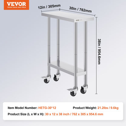 HETG-30*12 - 30x12 Inch Adjustable Stainless Steel Kitchen Work Table