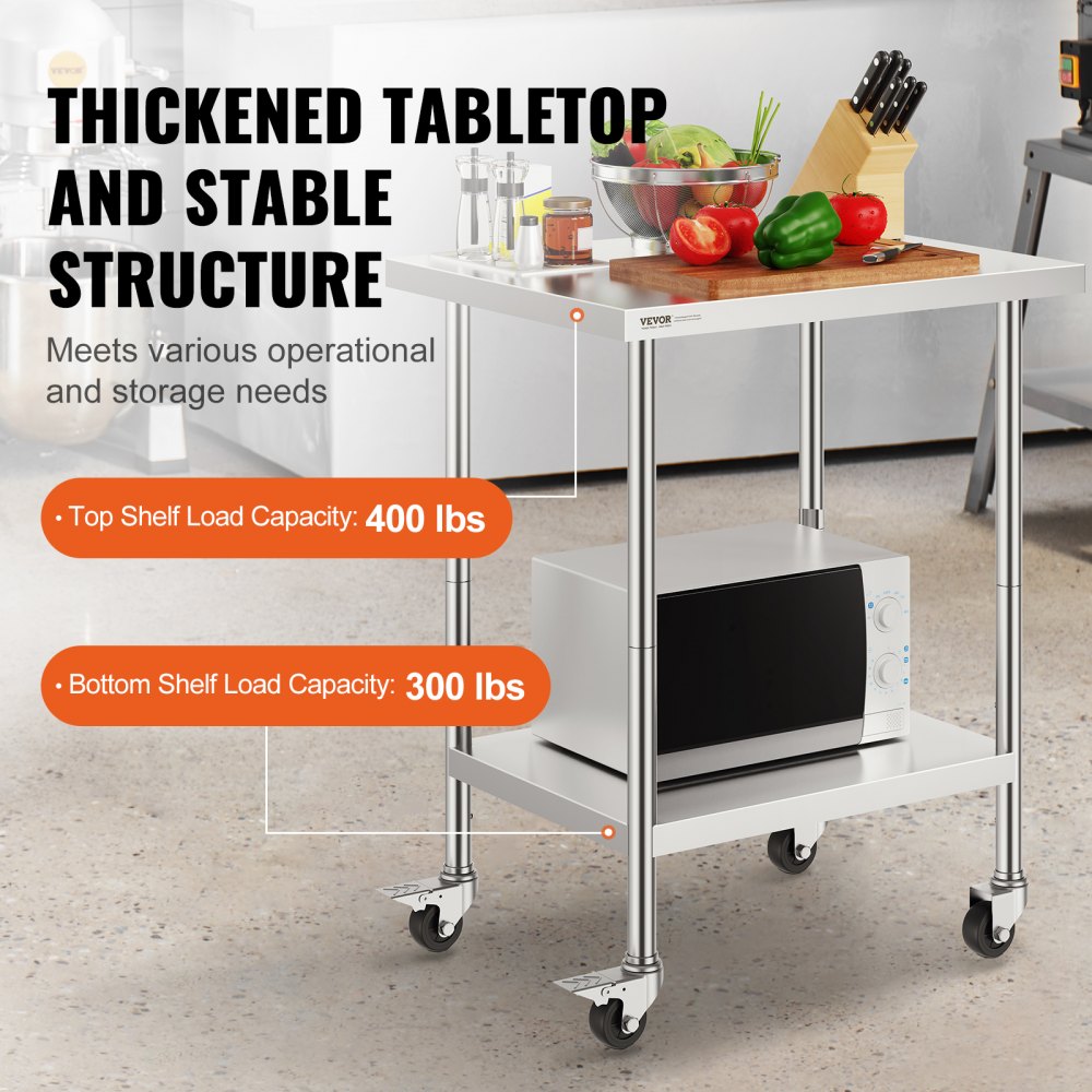 HETG-24*30 - Durable 24x30 Stainless Steel Work Table with 4 Wheels