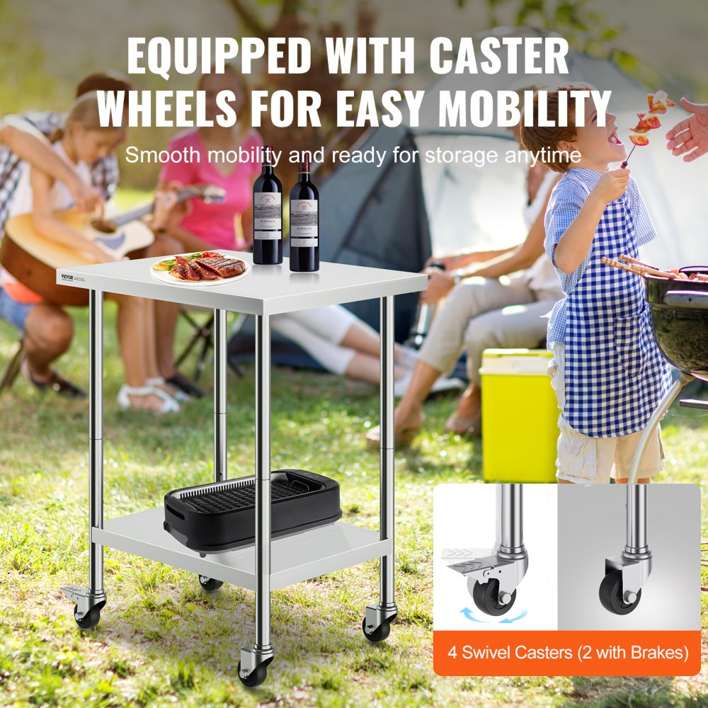 HETG-24*30 - Durable 24x30 Stainless Steel Work Table with 4 Wheels