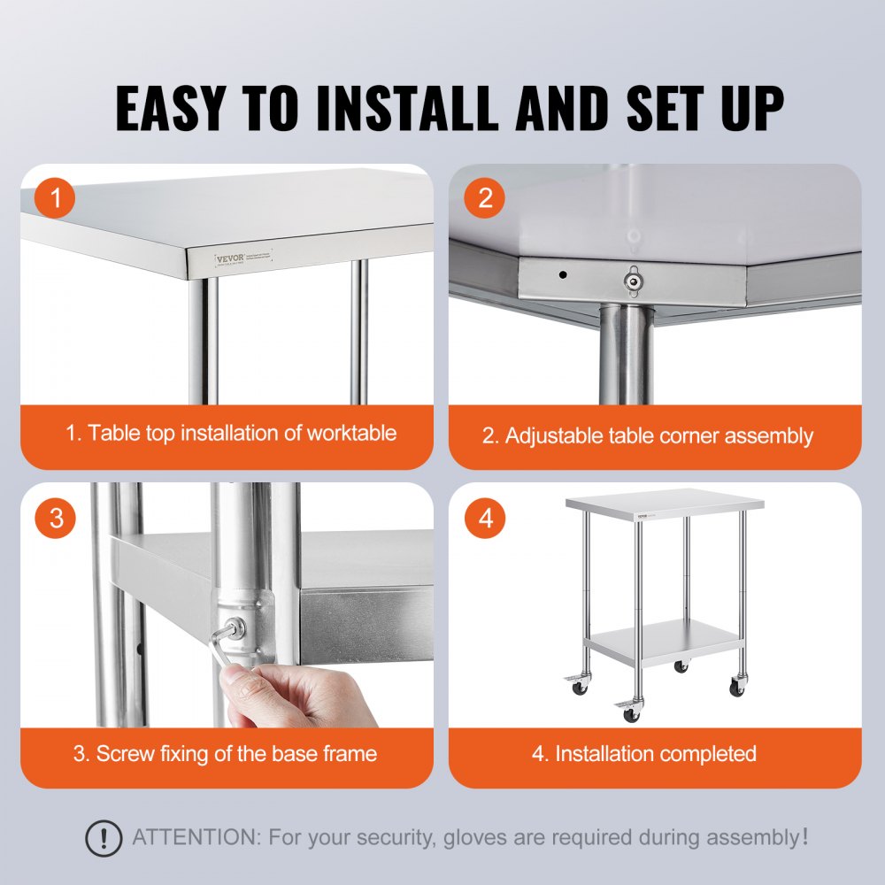HETG-24*30 - Durable 24x30 Stainless Steel Work Table with 4 Wheels