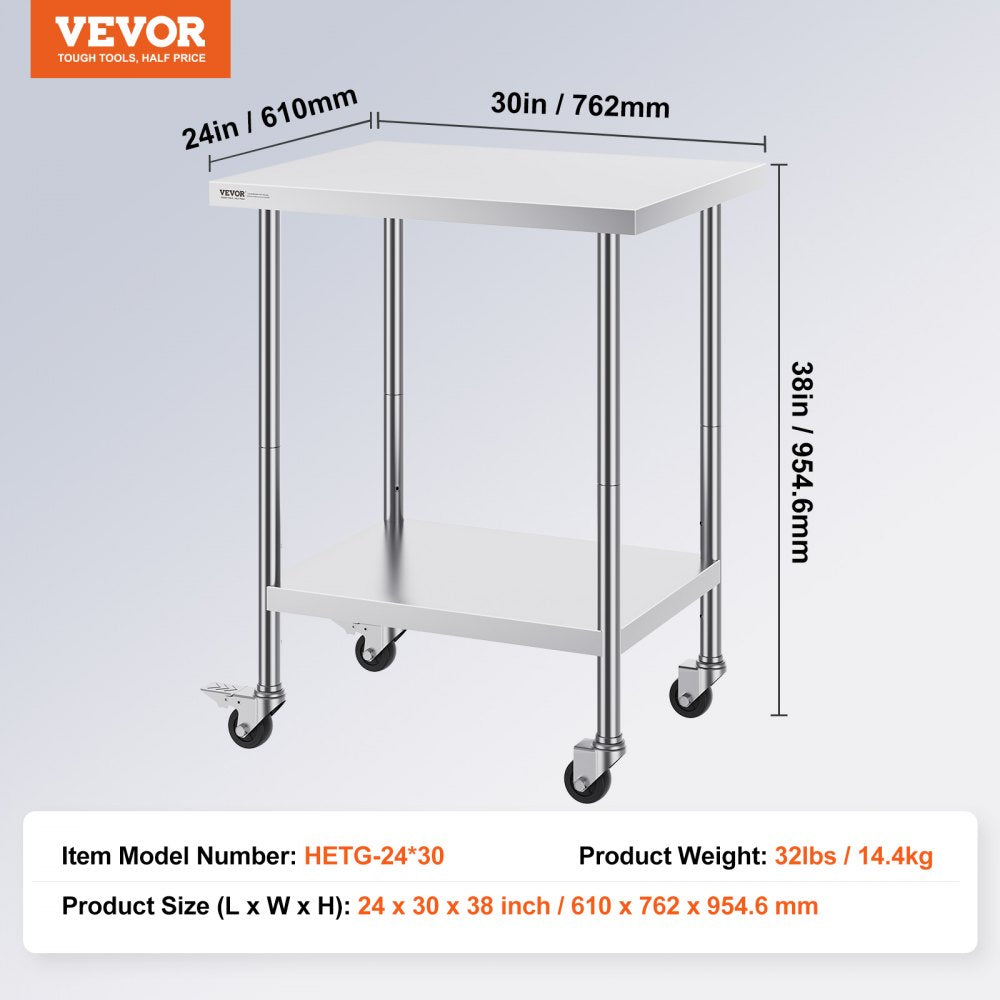 HETG-24*30 - Durable 24x30 Stainless Steel Work Table with 4 Wheels