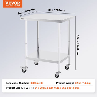 HETG-24*30 - Durable 24x30 Stainless Steel Work Table with 4 Wheels