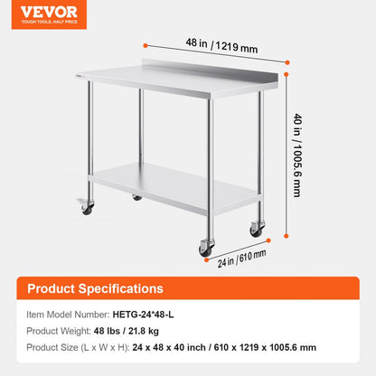 HETG-24*48-L - 24x48 Inch Stainless Steel Work Table, Adjustable Height