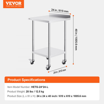 HETG-24*24-L - 24" Stainless Steel Work Table for Food Prep & Storage