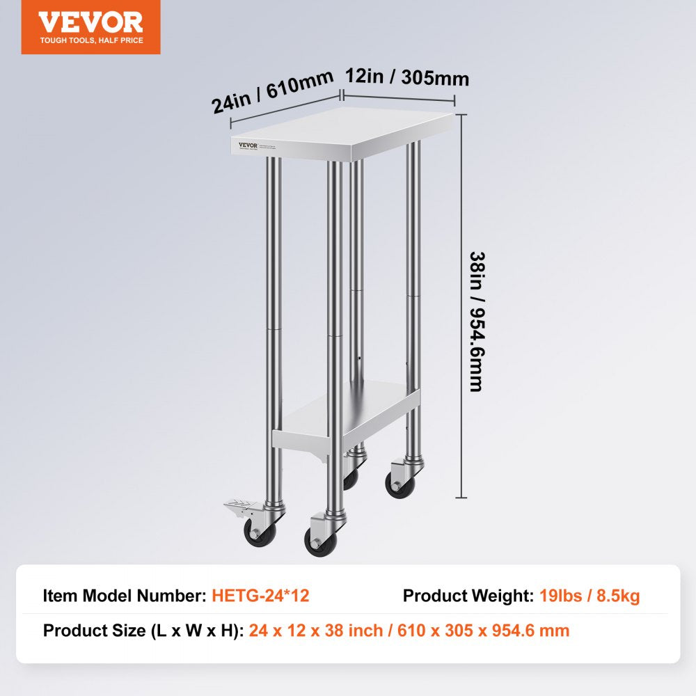 HETG-24*12 - 24x12 Stainless Steel Work Table with Adjustable Height & Wheels