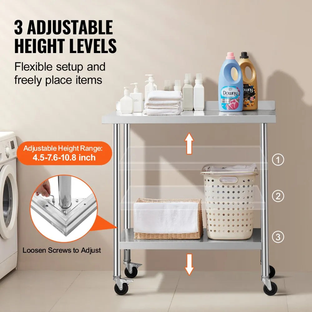 HETG-24*36-L - Adjustable Height Stainless Steel Work Table with Shelf