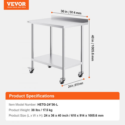HETG-24*36-L - Adjustable Height Stainless Steel Work Table with Shelf