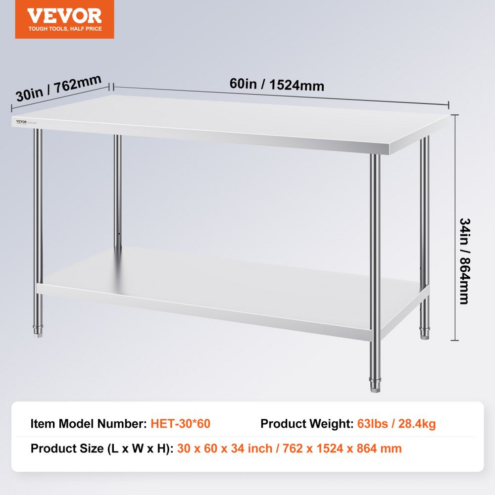 HET-30*60 - Durable 30" x 60" Stainless Steel Prep Table for Versatile Use