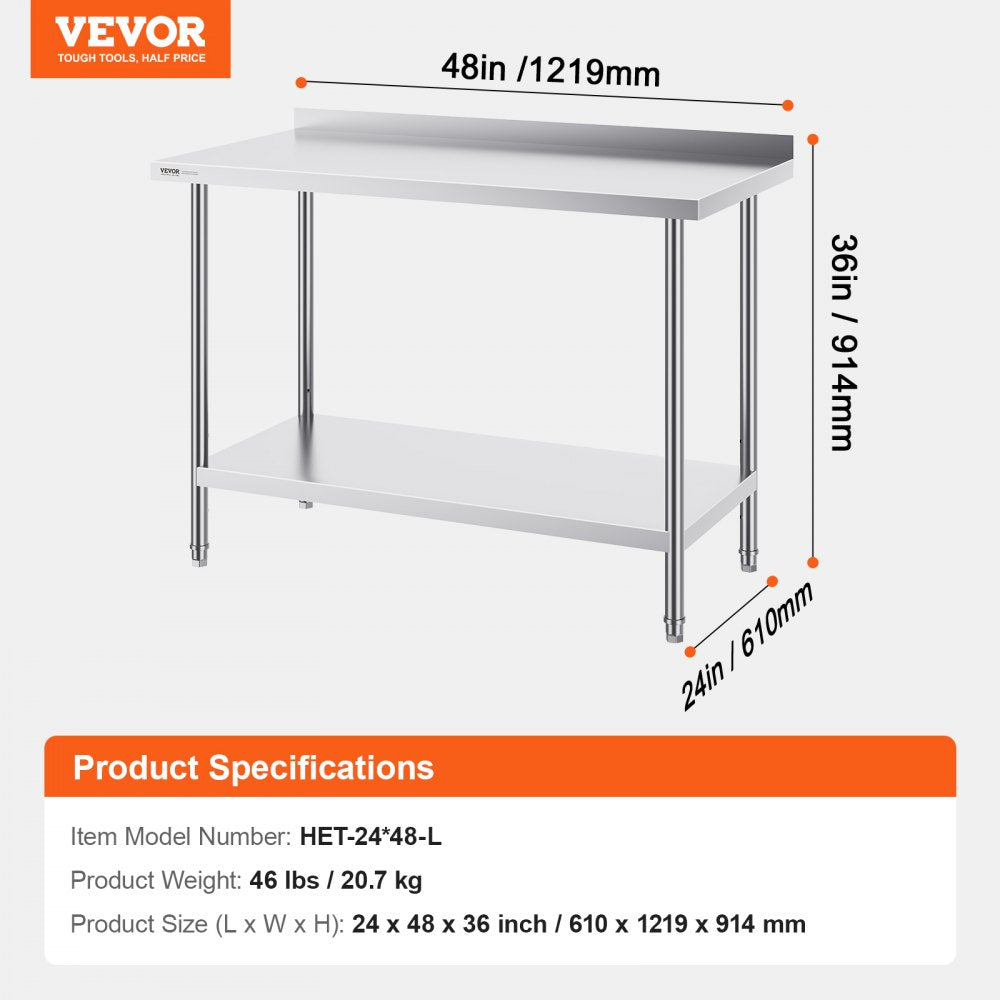 HET-24*48-L - 24x48" Stainless Steel Work Table with Adjustable Height