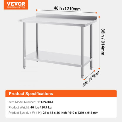 HET-24*48-L - 24x48" Stainless Steel Work Table with Adjustable Height