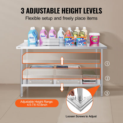 HET-24*60-L - 24x60 Inch Stainless Steel Prep Table with Adjustable Height