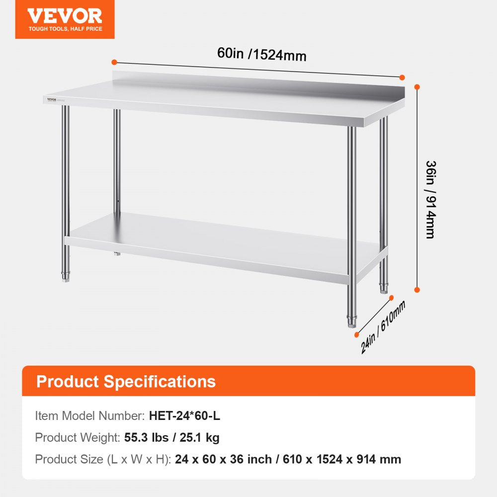 HET-24*60-L - 24x60 Inch Stainless Steel Prep Table with Adjustable Height