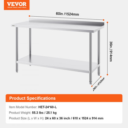 HET-24*60-L - 24x60 Inch Stainless Steel Prep Table with Adjustable Height