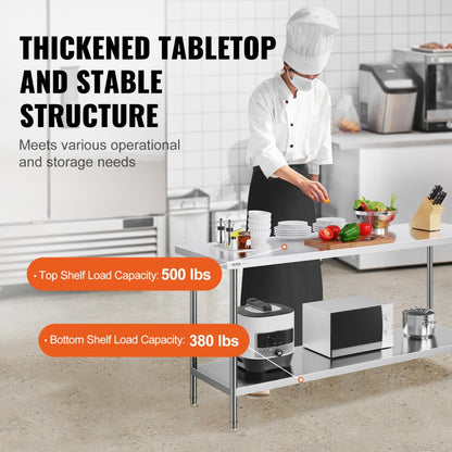 HET-24*72 - Heavy-Duty 24" x 72" Stainless Steel Prep Table with Adjustable Height