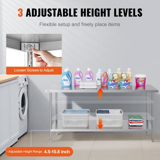 HET-24*72 - Heavy-Duty 24" x 72" Stainless Steel Prep Table with Adjustable Height