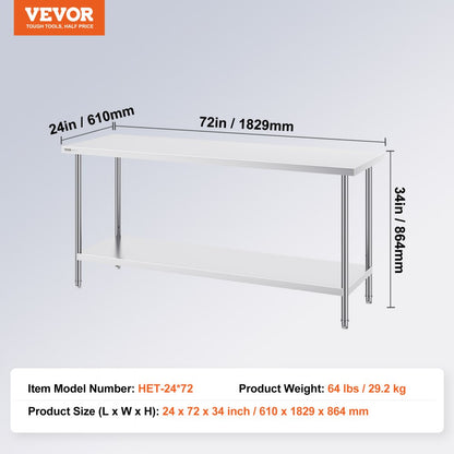 HET-24*72 - Heavy-Duty 24" x 72" Stainless Steel Prep Table with Adjustable Height